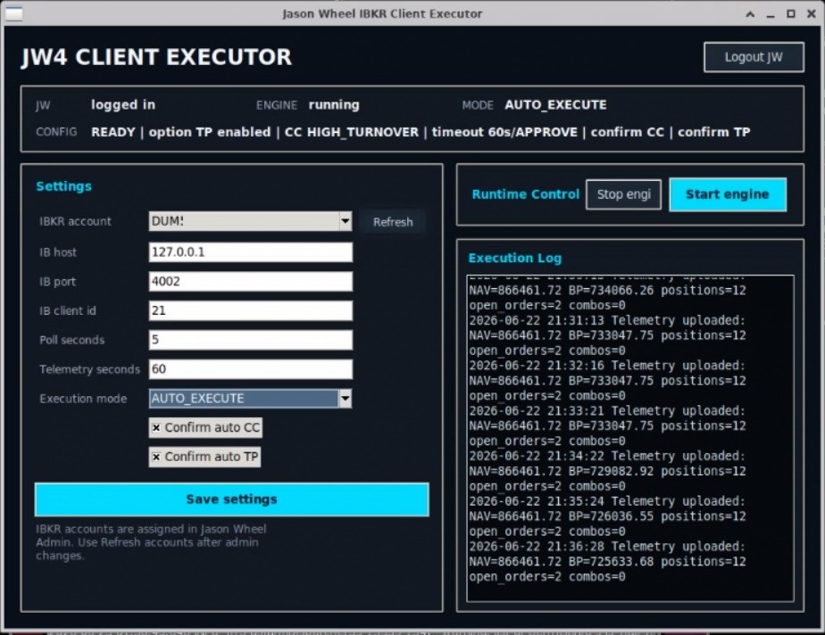 JasonWheel client execution dashboard